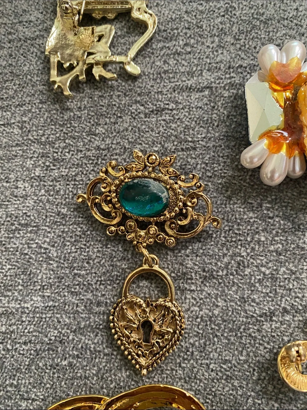 Cat Brooch with Blue Gem and Gold-tone Vintage Pins